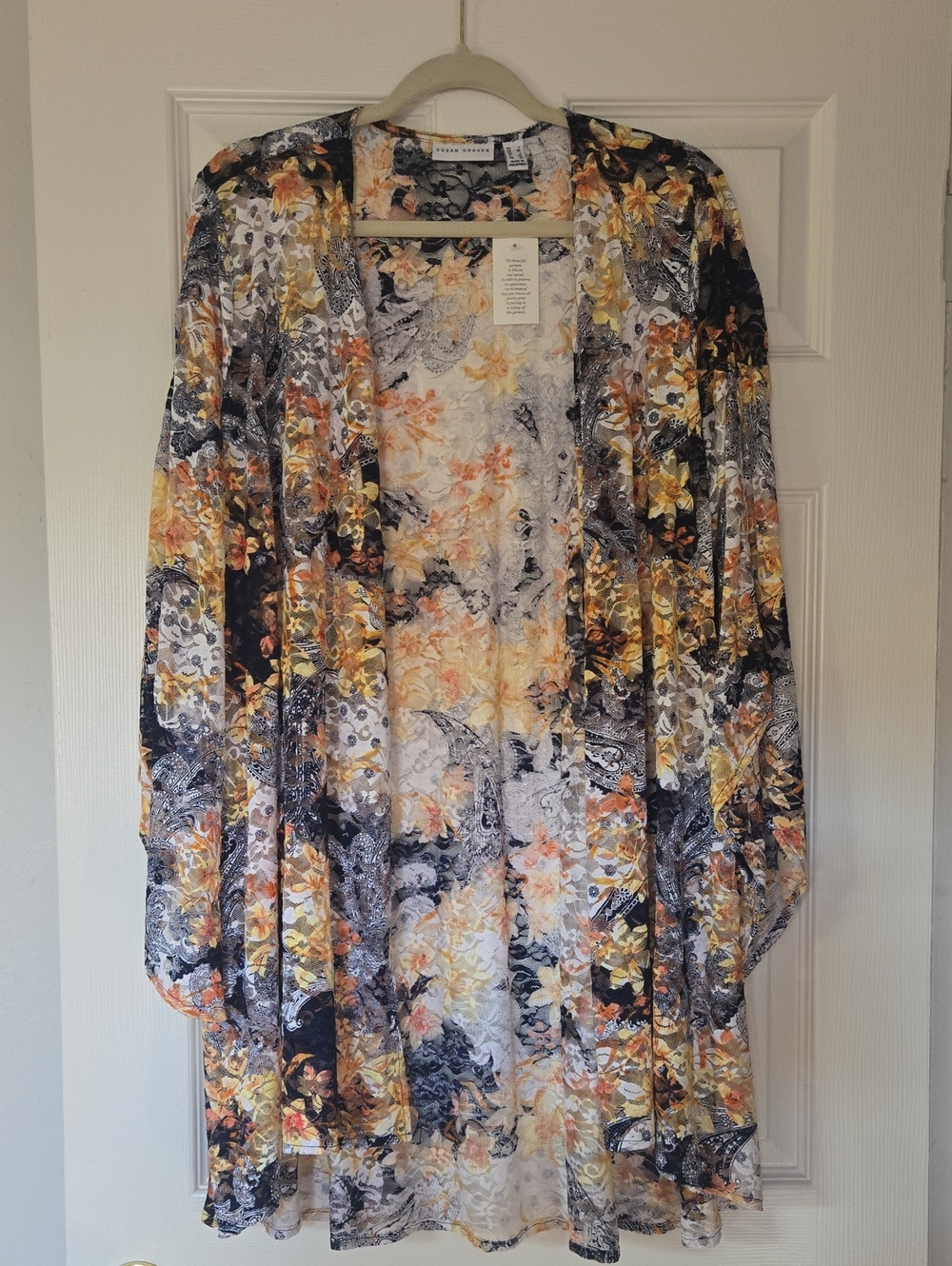Susan Graver Yellow Black Floral Open-Front Tunic Cardigan